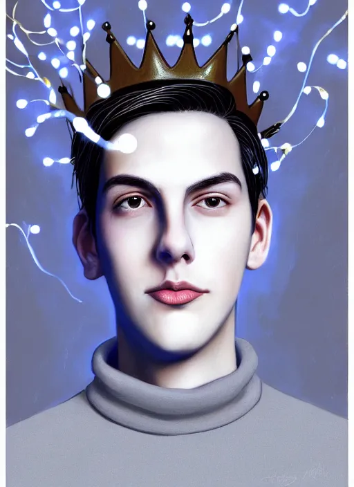 Image similar to portrait of teenage jughead jones wearing a light grey crown, crown, blue turtleneck, 1 9 5 0 s, closed eyes, photorealistic, black hair, glowing lighting, intricate, elegant, glowing lights, highly detailed, digital painting, artstation, concept art, smooth, sharp focus, illustration, art by wlop, mars ravelo and greg rutkowski