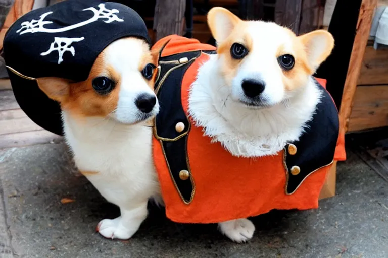 Prompt: a beauty corgy dressing a pirate costume in a pirate ship