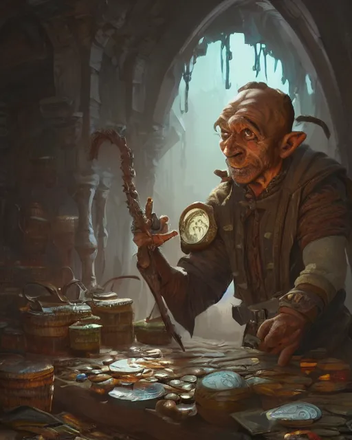 Image similar to A merchant selling treasuries, highly detailed face, fantasy art, goblin art, in the style of greg rutkowski, illustration, epic, fantasy, intricate, hyper detailed, artstation, concept art, smooth, sharp focus, ray tracing