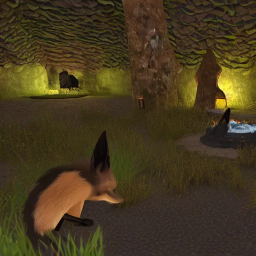 Image similar to second life in game screenshot of two black foxes sleeping next to each other in a cozy cave with a small campfire, cave lit up with fireflies and bioluminescent mushrooms, 4 k