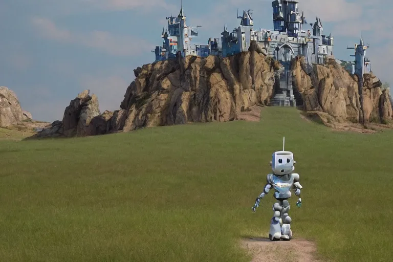 Image similar to a robot castle walking across the plains, ghibli