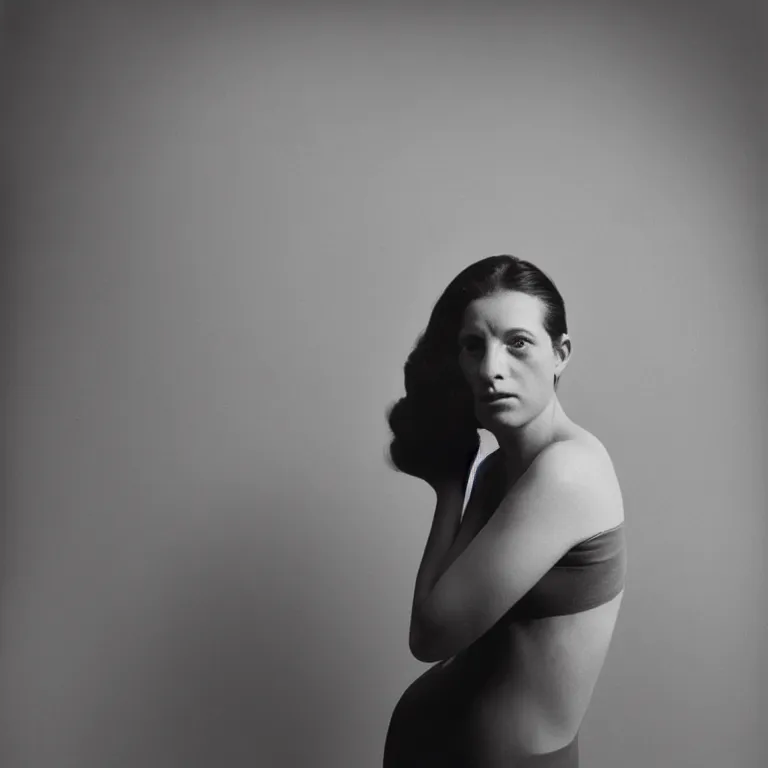 Image similar to studio portrait of a woman, plain black background. studio lighting, directly head on, richard avedon