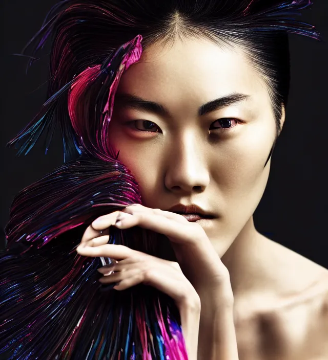 Image similar to photography american portrait of liu wen. great hair style, natural pose, natural lighing, rim lighting, wearing stunning cloth by iris _ van _ herpen, with a colorfull makeup. highly detailed, skin grain detail, film _ noir style lighting, photography by paolo roversi