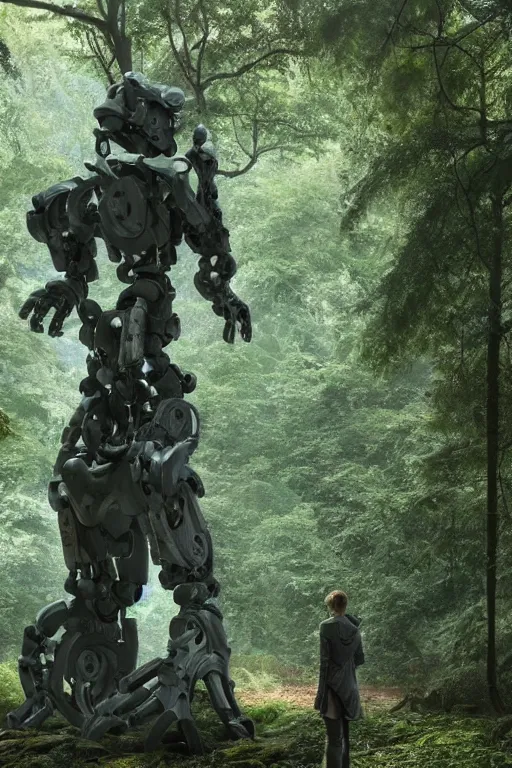 Image similar to A large robot statue made of stone covered in foliage in the middle of a forest by Greg Rutkowski, Sung Choi, Mitchell Mohrhauser, Maciej Kuciara, Johnson Ting, Maxim Verehin, Peter Konig, final fantasy , 8k photorealistic, cinematic lighting, HD, high details, atmospheric,