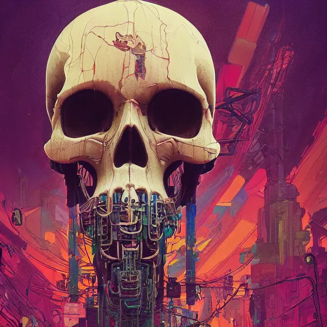 Image similar to a beautiful painting of a ( cyberpunk ) skull by simon stalenhag and pascal blanche and alphonse mucha! and nekro. in style of digital art. colorful comic, film noir, symmetry, hyper detailed. octane render. trending on artstation