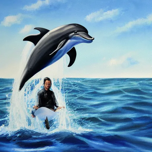 Image similar to steve jobs riding a dolphin, painting