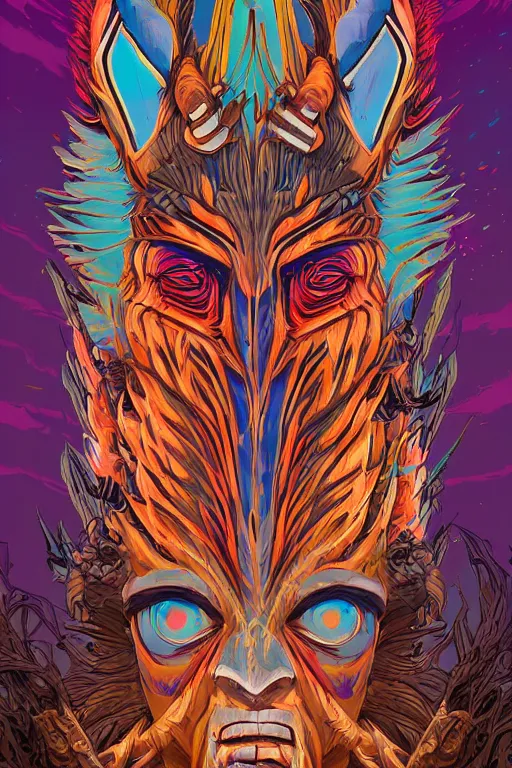 Image similar to totem animal tribal chaman vodoo mask feather gemstone plant wood rock video game illustration vivid color borderlands by josan gonzales and dan mumford radiating a glowing aura