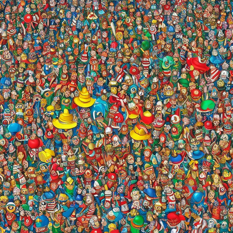 Image similar to an incredibly detailed masterpiece photo of a Where's Waldo puzzle by bosch and lisa frank, ornate, beautiful, bold colors, detailed, high resolution, wow!, realistic, photorealism, intricate, 4k octane render, unreal engine, zbrush, vfx, very realistic