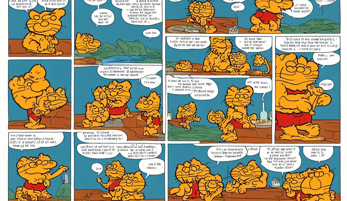 Image similar to garfield comic strip, 3 panels, illustrated by Jim Davis