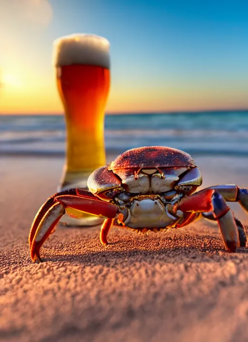 Prompt: a happy crab beside a beer at the beach, golden hour, bokeh, 4k