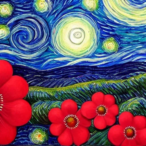 Image similar to The Starry Night painting with a red sharingan moon and a giant flower plant