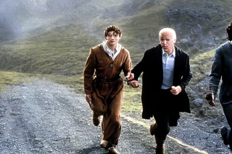 Prompt: joe biden and frodo taking the ring, movie still, from the movie lord of the ring, 8 k, hd