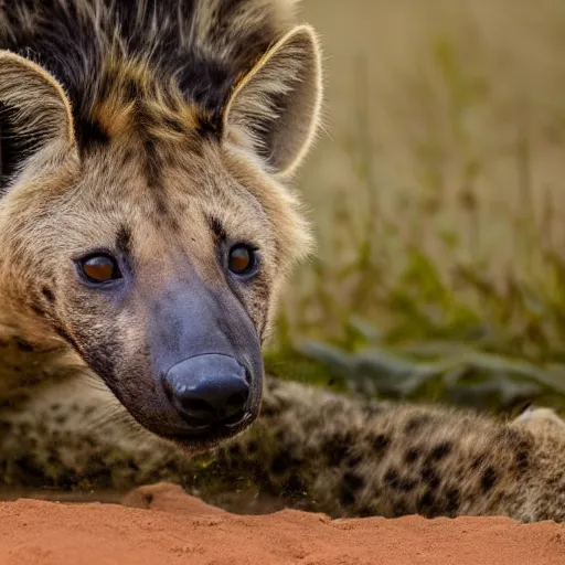 Prompt: close up portrait of a hyena drinking from the oasis