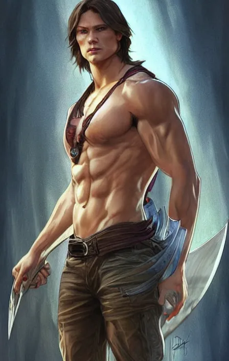 Prompt: pretty muscular sam winchester as a character in a final fantasy art design, character concept, sharp focus!, ultra detailed, art by artgerm alphonse mucha, wlop