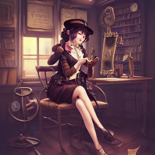 Image similar to a beautiful steampunk detective girl sitting in her office | | cute - fine - face, pretty face, fine details by stanley artgerm lau, wlop, rossdraws, james jean, andrei riabovitchev, marc simonetti, and sakimichan, trending on artstation