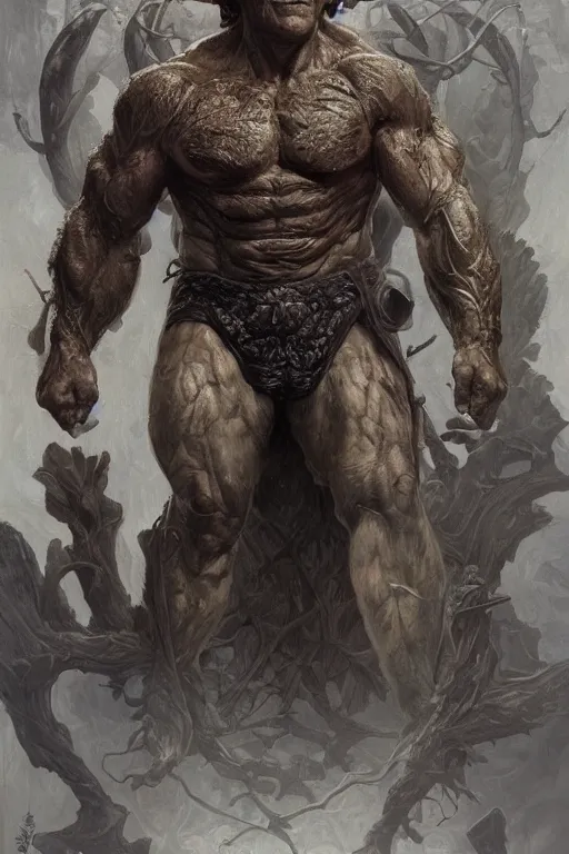 Image similar to portrait of george w bush as a hulking herculean demon, forest, godlike, full body, fantasy, intricate, elegant, highly detailed, digital painting, artstation, concept art, sharp focus, illustration, art by artgerm and greg rutkowski and alphonse mucha