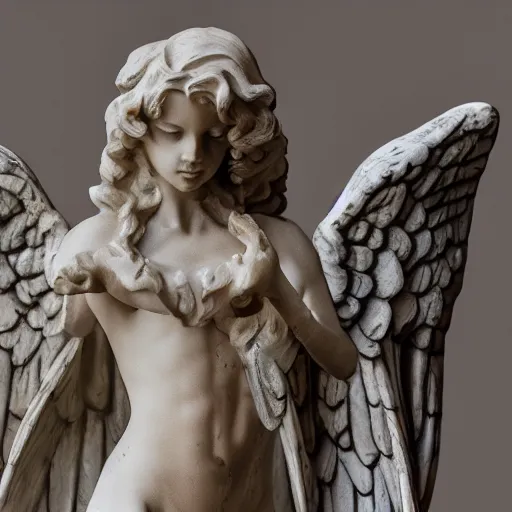 Image similar to studio photo of a marble sculpture, in the shape of an angel. baroque details. museum. close up photo. bokeh. photorealistic, ultra detailed.