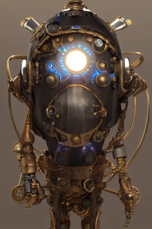 Image similar to steampunk mask minimalist fantasy art robot ninja helmet, global illumination ray tracing hdr fanart arstation by sung choi and eric pfeiffer and gabriel garza and casper konefal radiating a glowing aura