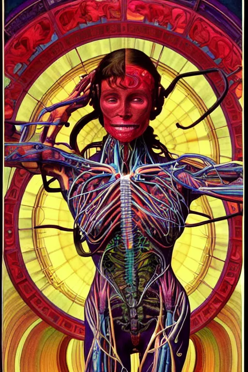 Image similar to extremely psychedelic anatomically accurate model of the ful cyborgl human muscular system infected by night, full body, intricate parts, fine details, hyper - realistic, elegant minimalism. sharp focus. lush color by seichen, alphonse mucha, surreal