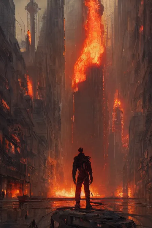 Prompt: in the foreground a brown man from behind with flames in his hands second plan paris in cyberpunk, intricate, highly detailed, digital painting, artstation, concept art, matte, sharp focus, illustration, art by artgerm and greg rutkowski and alphonse mucha