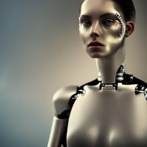 Image similar to Masterpiece full body portrait of a beautiful female cyborg with a beautiful face and flawless skin, half of her body is robotic, in a surreal dream landscape, eerie fog, cinematic lighting, 8k