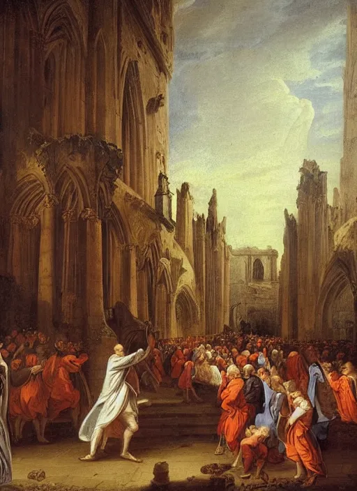 Image similar to lisabeth louise vigee - le brun large crowd of medieval monks gathered at giant gothic ruins cathedral and raising a magical glowing spirit, old master painting with stunning lighting and details photoreal dusk sun lit light