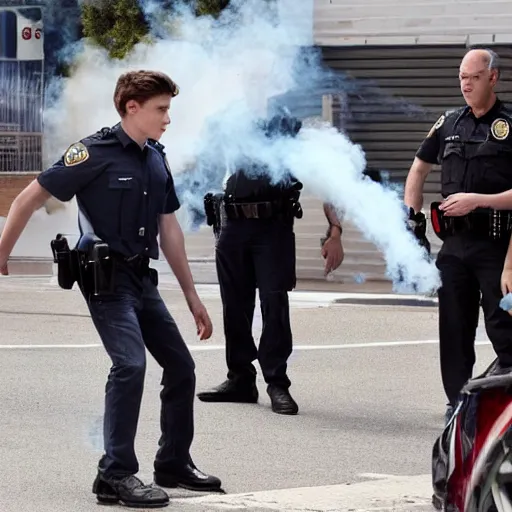 Image similar to tom holland getting arrest while exhaling a cloud of smoke, candid photography