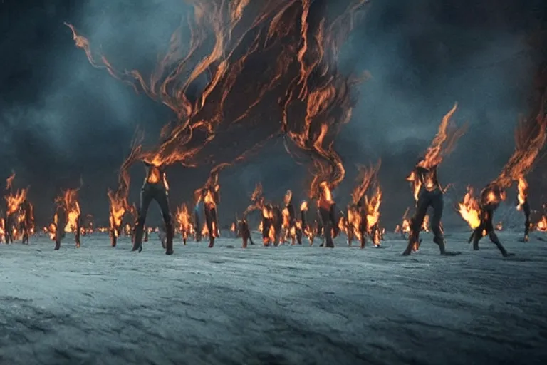 Image similar to a cinematic wide angle photograph of a group of mutants made entirely of fire walking through a vast serene landscape, beautiful lighting, high depth, ultra realistic, artistic, by zack snyder and john harris