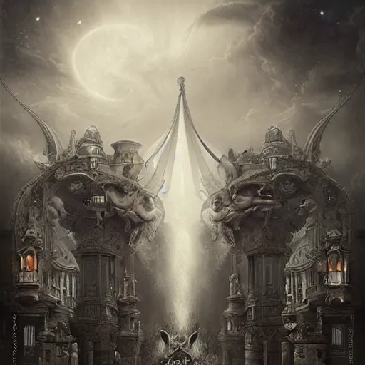 Prompt: ultra realist soft painting of a curiosities carnival by night, omnious sky, symmetry accurate features, very intricate details, By Tom Bagshaw, black and white, volumetric light clouds