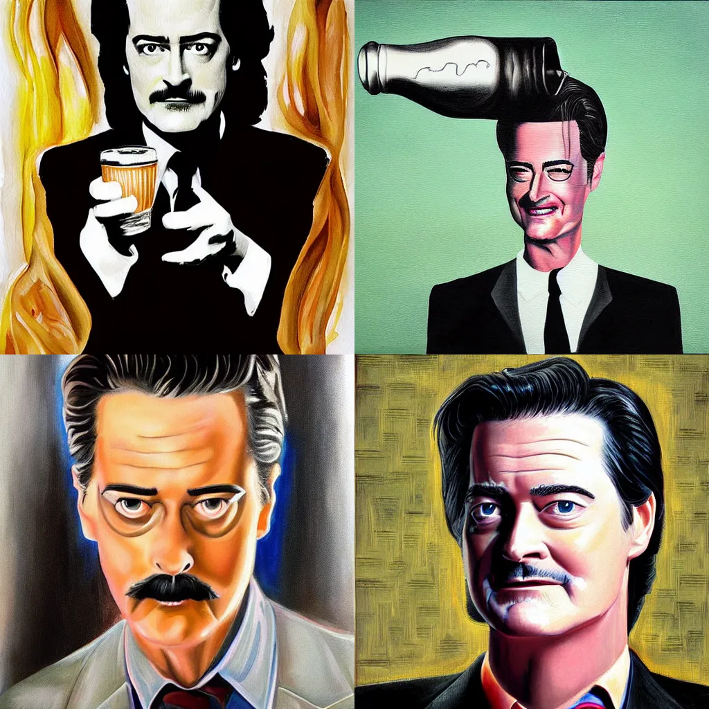 Prompt: painting Kyle MacLachlan Twin Peaks drink coffee by Salvador Dali