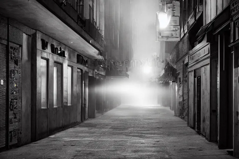 Image similar to Deep within a urban ghetto empty alley, past midnight misty weather, busy bustling downtown outside the alley. Realistic photo.