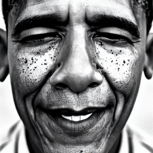 Image similar to portrait of barack obama very sweaty, close up, sharp details. nikon 2 9 mm f / 0. 8, cinelux asa 1 0 0, medium - format print.