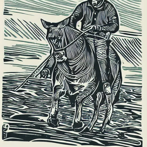 Image similar to a sea otter rancher riding on horseback, linocut print