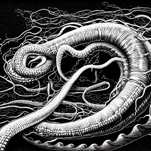 Image similar to a hyper detailed filmic wide shot 30mm color film photograph of a bundle of a dangerous shape shifting alien creaturing spewing long worm-like spiney tendrils out of its snarling mouth, the tendrils are coiling around and smothering a male 70-year-old doctor wearing a lab coat under dreary fluorescent lights in the style of an horror film still from The Thing 1982