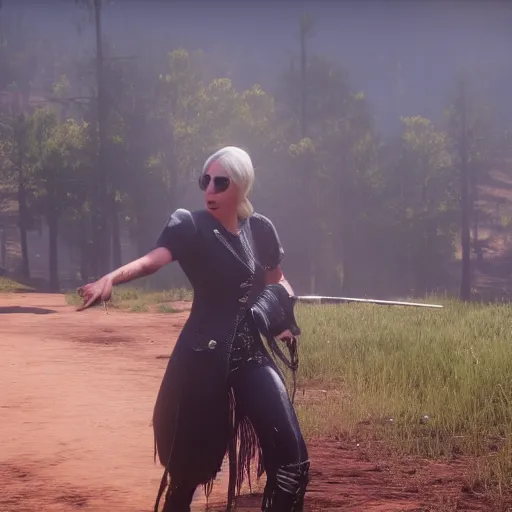 Prompt: Film still of Lady Gaga, from Red Dead Redemption 2 (2018 video game)