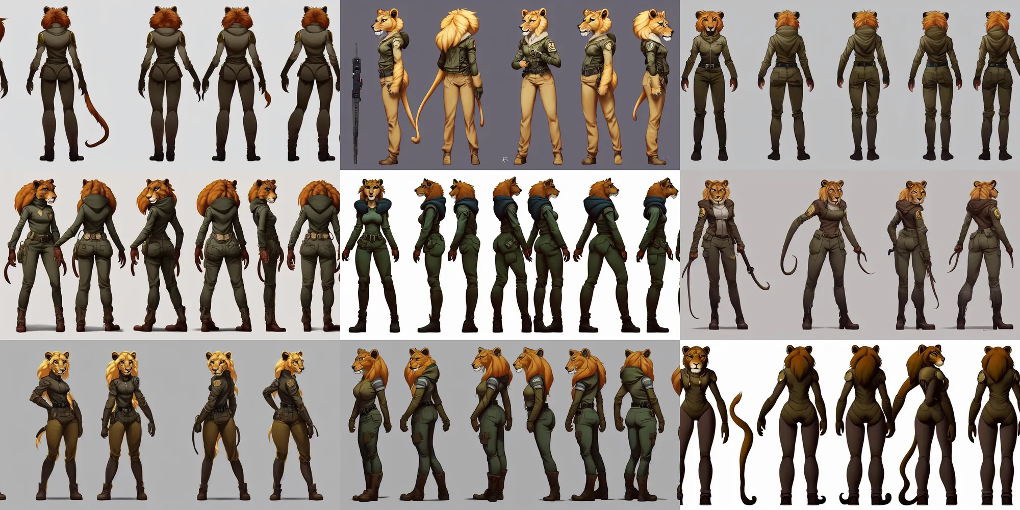 Prompt: beautiful full body character reference sheet with front, back and side profiles of a strong female anthropomorphic lioness fursona wearing a fantasy military trenchcoat. character design by disney, anime, manga, charlie bowater, ross tran, artgerm, and makoto shinkai, detailed, soft lighting, rendered in octane