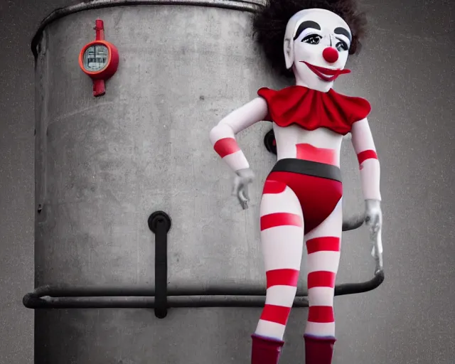 Prompt: clown girl android standing on a water tank