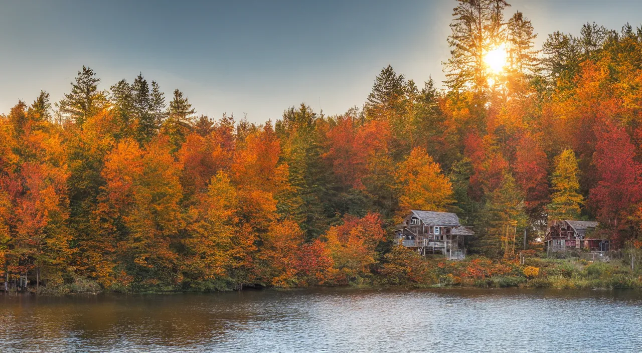 Image similar to a autumn forest, with a rustic house in front of a lake, at sunrise, with a pier from the house that leads to the lake