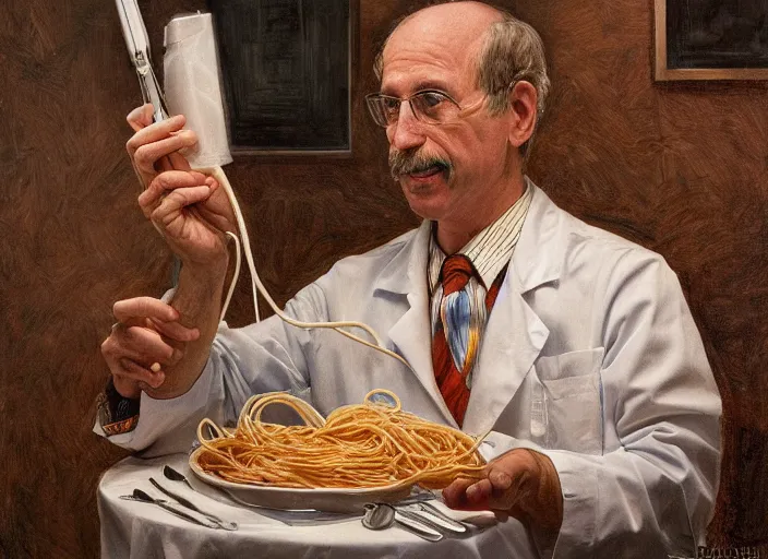 Image similar to a highly detailed spaghetti portrait of a dentist, james gurney, james jean