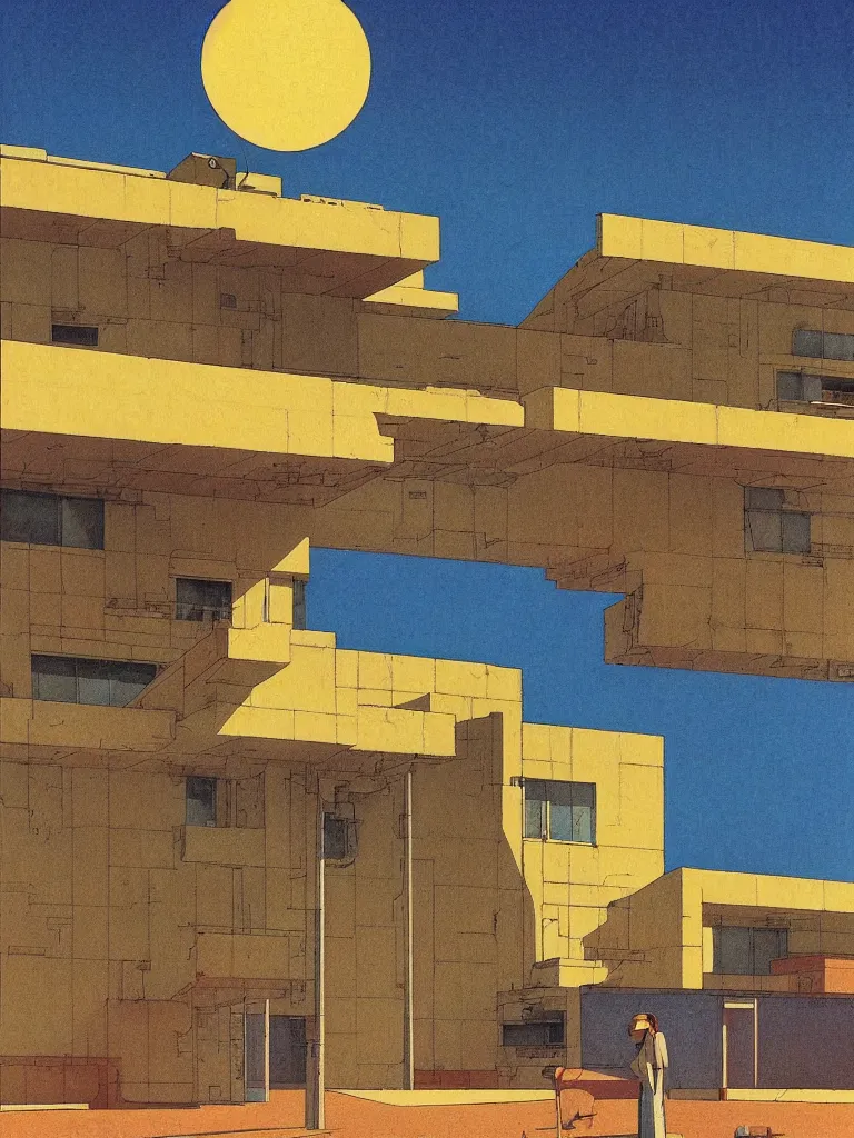 Image similar to a psychedelic hallucination of a brutalist hotel in the high plains desert, by kawase hasui, moebius, edward hopper, colorful flat surreal design, dramatic lighting, hd, 8 k, artstation