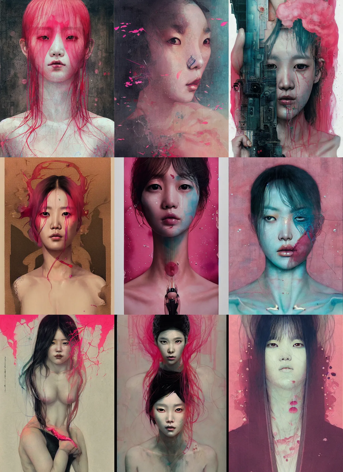 Prompt: lee jin - eun emerging from pink water in cyberpunk theme by conrad roset, dino valls, tran nguyen, yoann lossel, rule of thirds, seductive look, beautiful