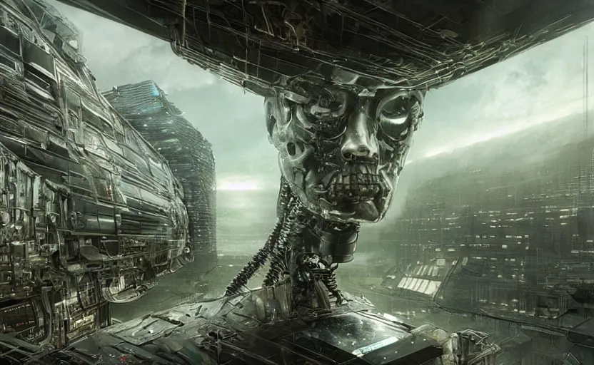 Image similar to Skynet headquarters is where the AI lives , hyperrealistic mixed media, stunning 3d render inspired art by P. Craig Russell and Barry Windsor-Smith + perfect facial symmetry + dim volumetric lighting, 8k octane beautifully detailed render, post-processing, extremely hyperdetailed, intricate futuristic mechanic parts, epic composition, grim yet sparkling atmosphere, cinematic lighting + masterpiece, trending on artstation