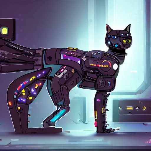 Image similar to a cyberpunk cyborg cat, trending on art station