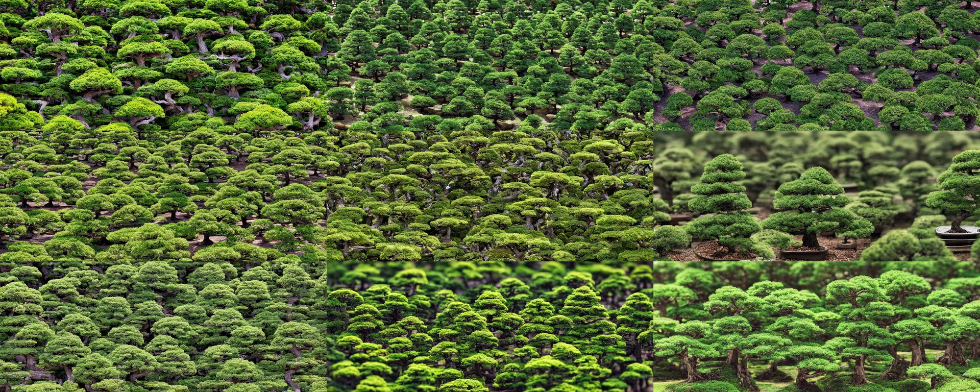 Prompt: Forest of bonsai trees, tilt shift