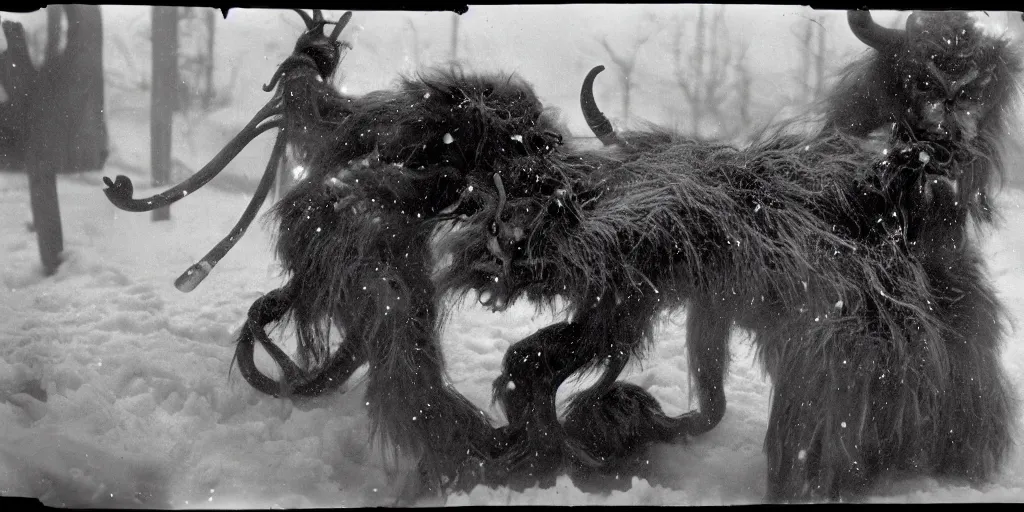 Image similar to 1 9 2 0 s photography of krampus hay monsters submerged in snow