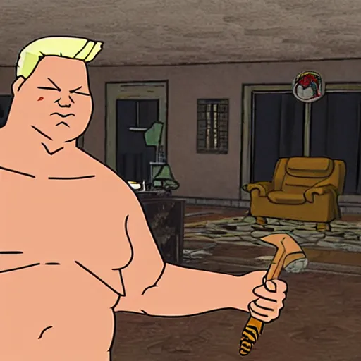 Prompt: a screenshot of king of the hill bobby hill speaking to duke nukem