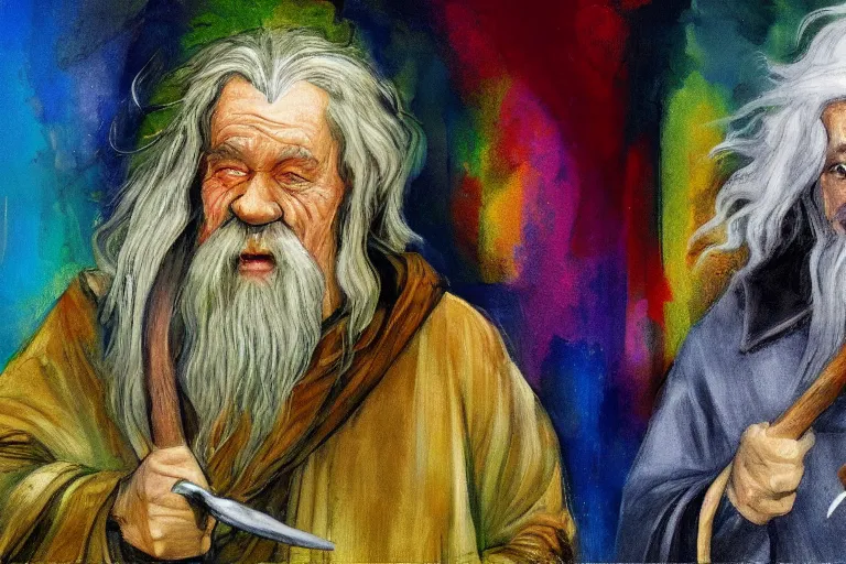 Image similar to gandalf and hobbit frodo painted in the style of francis bacon, expressionist, 4 k, realistic