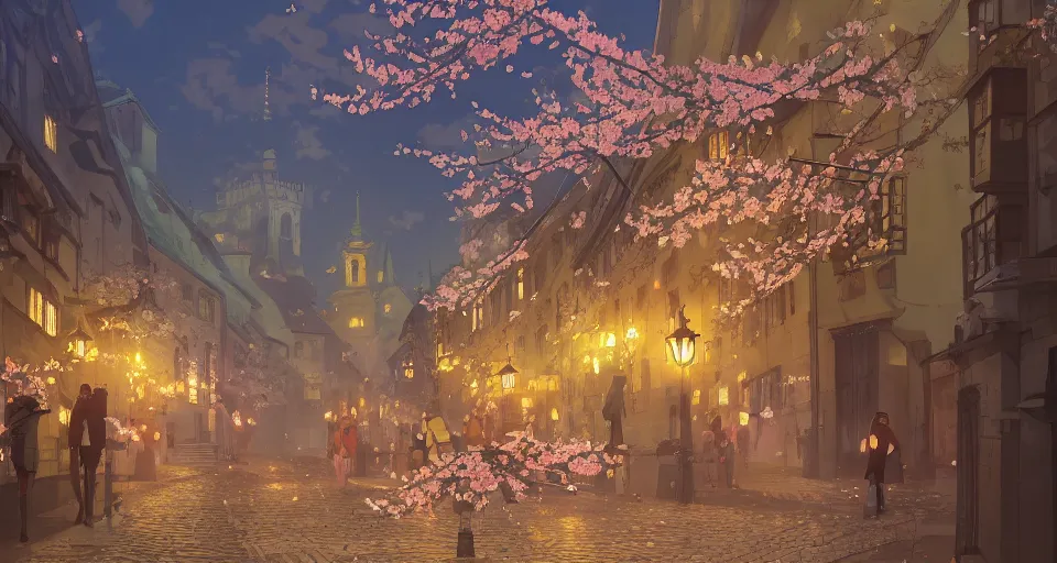 Image similar to Anime picture of Prague old town with blooming sakura and candles on the ground, volumetric lighting, glowing lights, 4k, octane, digital painting, artstation, concept art, sharp focus, illustration, art by Makoto Shinkai and Ilya Kuvshinov