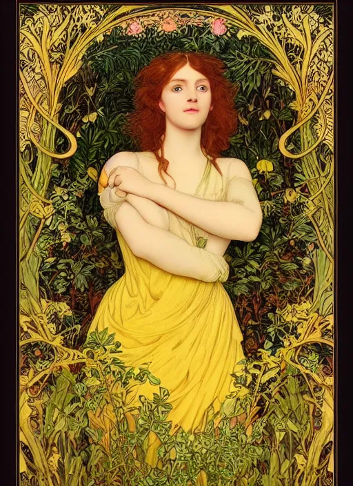 Prompt: masterpiece beautiful seductive flowing curves pose preraphaelite portrait photography, extreme close up, straight bangs, thick set, yellow ochre ornate medieval dress, mushroom forest arch, amongst foliage, william morris and kilian eng and mucha, framed, 4 k