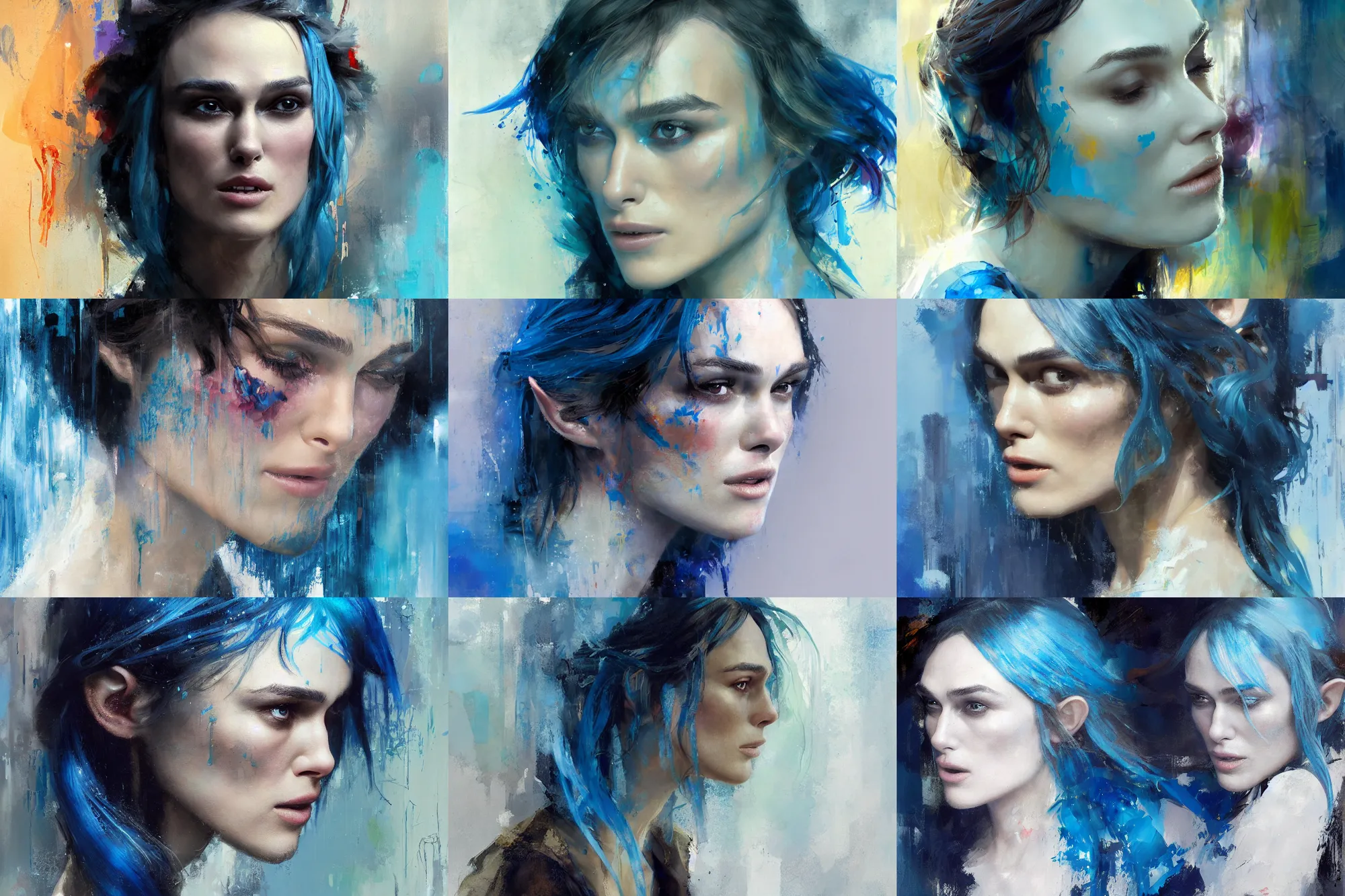 Prompt: profile of keira knightly as an elf with blue hair painted by jeremy mann and artgerm, dripping oil paint, thick brushstrokes, abstracted painterly techniques, high resolution